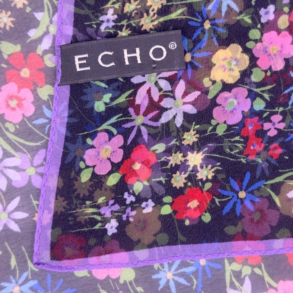 Echo Floral 100% Silk Scarf Wildflower Cottagecore Black Purple 21" Square
